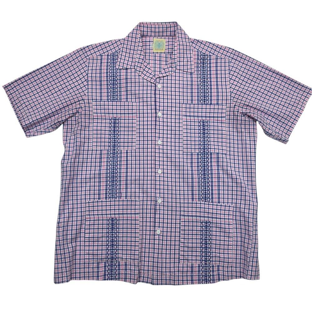 Dos Carolinas Mens Guayabera Shirt Large Pink Blue Gingham Check Embroidered L
